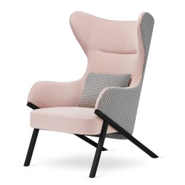 Fotel wypoczynkowy Classy różowy - wygodny uszak glamour, pepitka, czarna podstawa do salonu