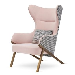 Fotel Classy Premium Pudrowy Róż - Modny, Komfortowy Uszak do Salonu z Pepitką i Podstawą Mosiądz