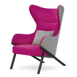 Designerski fotel Classy różowy - elegancki uszak tapicerowany z pepitką i czarną podstawą