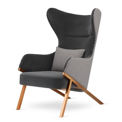 Classy fotel szary premium - elegancki uszak glamour z pepitką i różowo-złotym wykończeniem