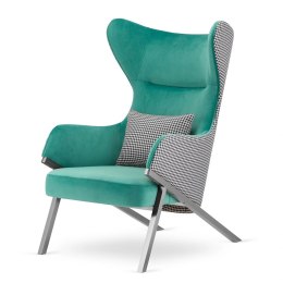 Designerski fotel Classy Turkusowy glamour z pepitką i srebrną podstawą - Uszak premium do nowoczesnych wnętrz