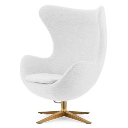 Fotel Treviso Egg Premium obrotowy i bujany biała bukla Teddy - złota szeroka podstawa, nowoczesny i stylowy do salonu