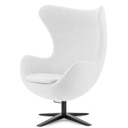Egg Chair Treviso Premium obrotowy i bujany w białej bukli, designerski fotel na szerokiej czarnej podstawie
