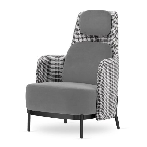 Fotel salonowy Empoli High - stylowy glamour, jasnoszary velvet z pepitką na czarnej podstawie
