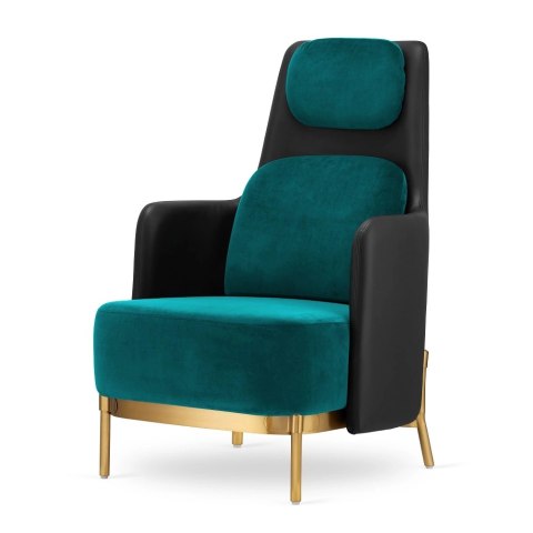 Fotel Empoli High nowoczesny glamour - morski velvet i czarna ekoskóra premium