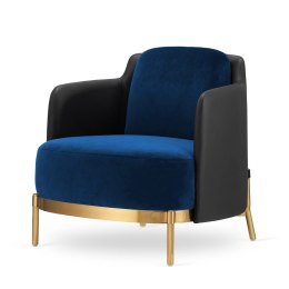 Fotel wypoczynkowy Empoli glamour - granatowy velvet, czarna ekoskóra, złota podstawa do salonu