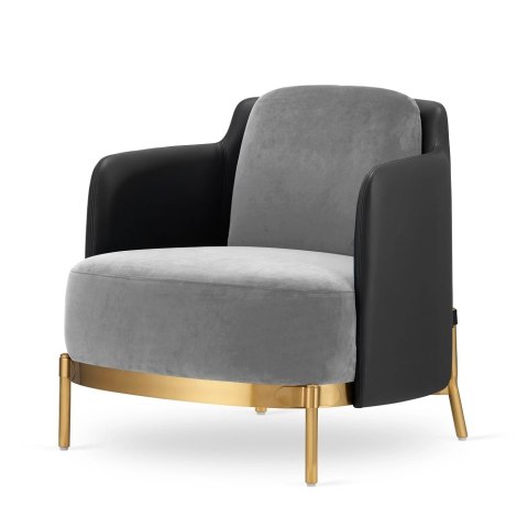Stylowy fotel Empoli do salonu - jasnoszary velvet, czarna ekoskóra, nowoczesny glamour
