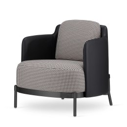 Nowoczesny fotel Empoli Low - pepitka glamour, czarny tył z ekoskóry, elegancka czarna podstawa