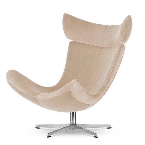 Stylowy fotel salonowy Larvik velvet beżowy SWAN-01, srebrna podstawa obrotowa, eleganckie wnętrze premium