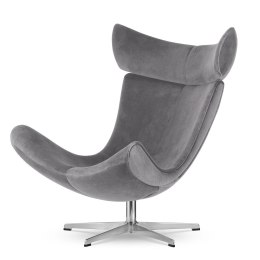 Fotel Larvik premium do salonu, jasnoszary velvet, srebrna podstawa, obrotowy designerski fotel industrialny