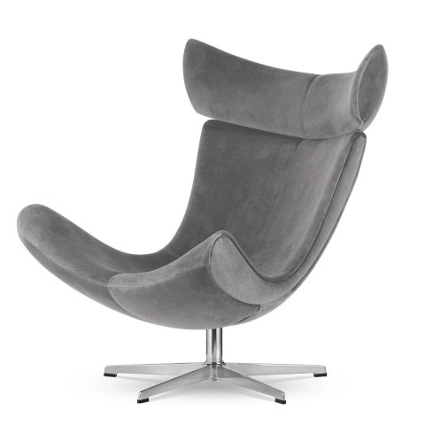 Fotel Larvik premium do salonu, jasnoszary velvet, srebrna podstawa, obrotowy designerski fotel industrialny