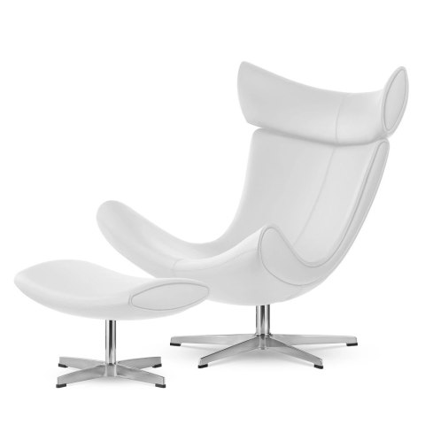 Fotel Larvik z podnóżkiem biała skóra ekologiczna, designerski fotel wypoczynkowy do salonu, styl industrialny, srebrna podstawa