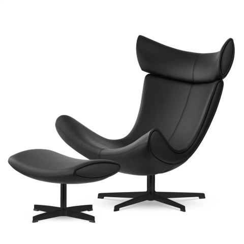 Fotel Larvik z podnóżkiem - designerski obrotowy fotel wypoczynkowy do salonu, skóra ekologiczna czarna, styl loft, czarna podst