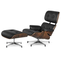 Fotel Lucera XL Classic z podnóżkiem do salonu czarna skóra naturalna, fornir Ebony, podstawa obrotowa chromowana