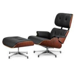 Fotel Lucera XL Classic z podnóżkiem czarny skóra naturalna, fornir Brazylijski Palisander, chromowana podstawa obrotowa do sypi