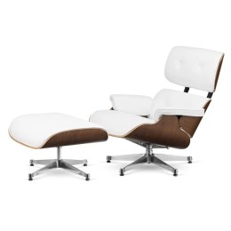 Fotel Lucera z podnóżkiem insp. Lounge Chair Biała Skóra Ciemny orzech Chromowana