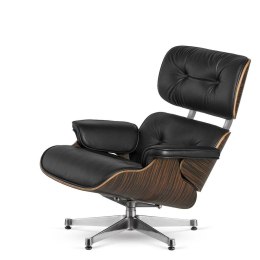 Nowoczesny Fotel salonowy Lucera Classic czarna skóra naturalna, fornir Ebony, podstawa obrotowa chromowana premium