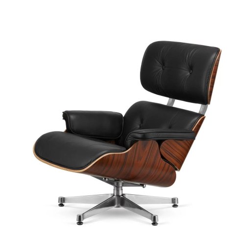 Stylowy Fotel salonowy Lucera Classic czarna skóra naturalna, fornir Brazylijski Palisander, podstawa obrotowa chromowana premiu