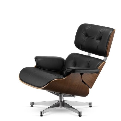 Stylowy Fotel salonowy Lucera Classic czarna skóra naturalna, Ciemny Orzech fornir, chromowana obrotowa podstawa premium