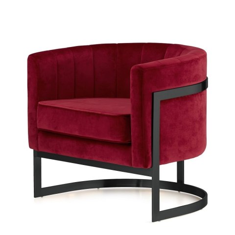 Stylowy fotel Madame do sypialni - czerwony velvet glamour, okrągły fotel z czarną podstawą