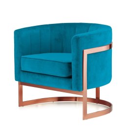 Designerski fotel Madame velvet niebieski - okrągły glamour do wnętrz premium z podstawą w złotym różu