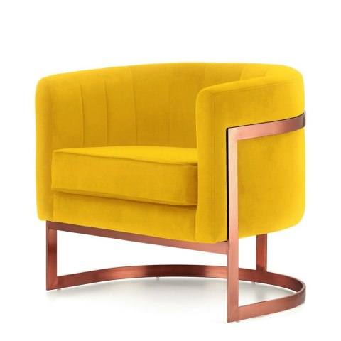 Stylowy fotel Madame żółty velvet - glamour, okrągły design, podstawa różowe złoto premium