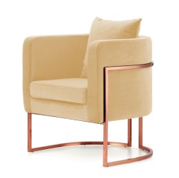 Wygodny fotel wypoczynkowy Miriam Velvet Beżowy - elegancki design, podstawa różowe złoto