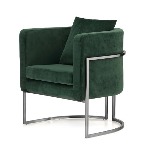Fotel dekoracyjny glamour Miriam Velvet SWAN-16 butelkowa zieleń, elegancki fotel premium do salonu, srebrna podstawa
