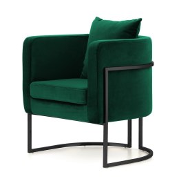 Fotel salonowy Miriam Velvet SWAN-16 butelkowa zieleń glamour, nowoczesny design, czarna metalowa podstawa