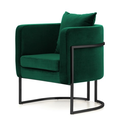Fotel salonowy Miriam Velvet SWAN-16 butelkowa zieleń glamour, nowoczesny design, czarna metalowa podstawa
