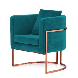 Designerski fotel Miriam Velvet morski - stylowy fotel salonowy z różowo-złotą podstawą