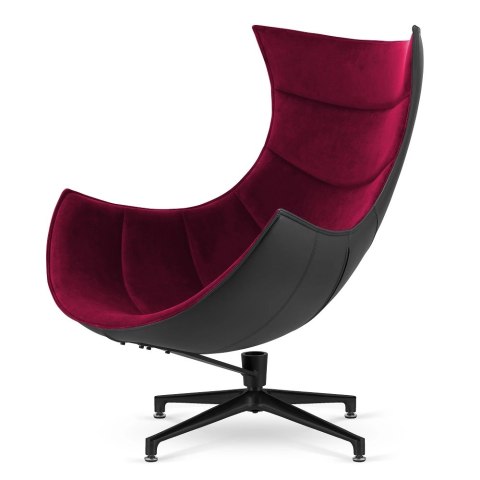 Stylowy fotel Nasto do salonu - bordowa poduszka velvet, obrotowy, czarny tył z ekoskóry