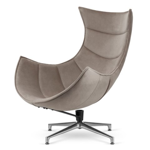 Stylowy fotel Nasto z weluru - obrotowy, elegancki, srebrna chromowana podstawa