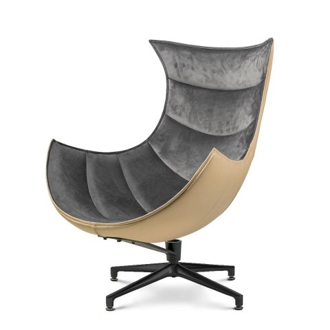 Designerski fotel Nasto - jasnoszary aksamit, obrotowy, beżowy tył, nowoczesny styl premium