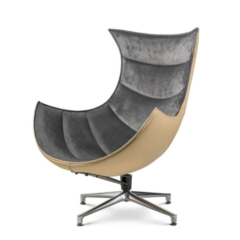 Designerski fotel Nasto - jasnoszary velvet, beżowa ekoskóra tył, srebrna podstawa obrotowa