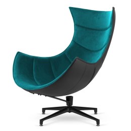 Stylowy fotel Nasto lounge - morski aksamit, obrotowy, czarna podstawa, elegancki fotel wypoczynkowy