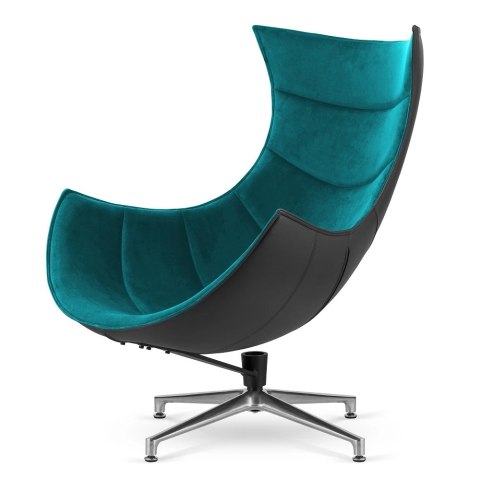 Nowoczesny fotel Nasto do salonu - morski velvet, czarny tył z ekoskóry, srebrna noga, skandynawski design