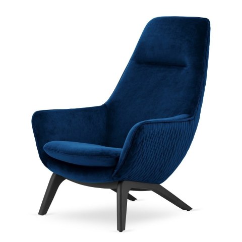 Fotel Orebro Velvet do salonu - ciemnogranatowy, tapicerowany fotel skandynawski z drewnianą podstawą