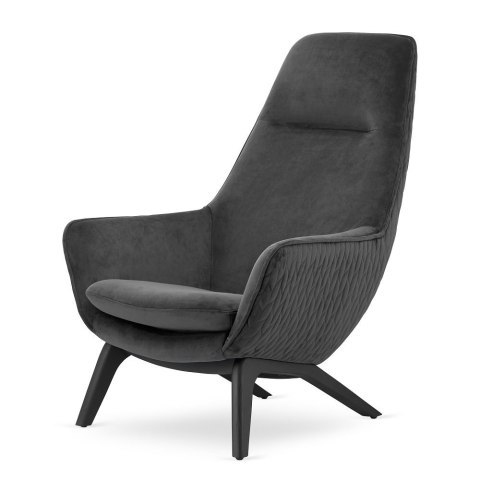 Fotel Orebro Velvet - ciemnoszary fotel skandynawski do salonu z drewnianymi nogami, elegancki i komfortowy