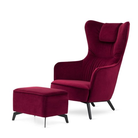 Bordowy fotel Skive z podnóżkiem - skandynawski uszak velvet do salonu (SWAN-14)