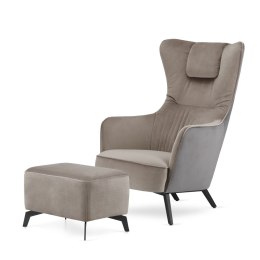 Fotel Skive velvet przód ciemny beż 5187-42 / tył jasnoszary 5187-43 z podnóżkiem, nowoczesny uszak premium