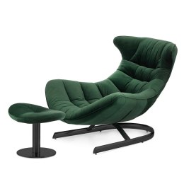 Fotel lounge Storto XZ z podnóżkiem - butelkowy velvet, komfortowy komplet do strefy relaksu, czarna podstawa