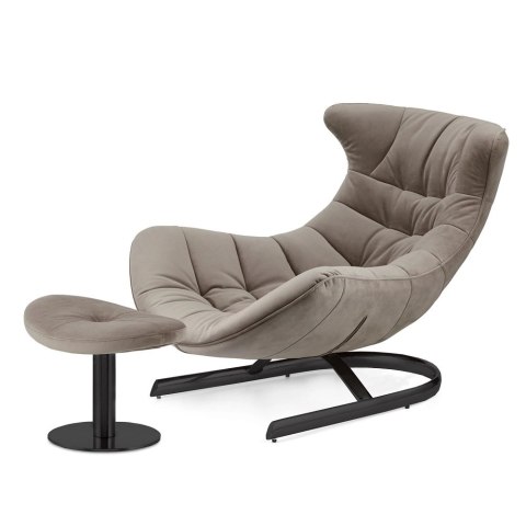 Fotel wypoczynkowy Storto XZ z podnóżkiem - ciemny beż velvet, stylowy zestaw do salonu premium, czarna podstawa