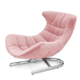 Fotel wypoczynkowy Storto XZ do salonu - elegancki pudrowy róż velvet, nowoczesny design, zakrzywiona forma, srebrna podstawa