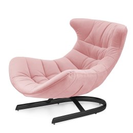 Stylowy fotel salonowy Storto XZ - pudrowy róż velvet, zakrzywiony fotel wypoczynkowy, nowoczesny design, czarna podstawa
