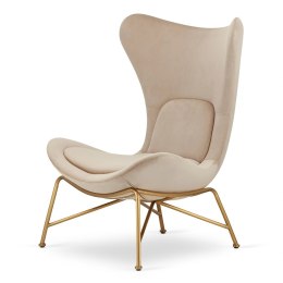 Fotel Varde velvet beżowy SWAN-01 - elegancki uszak do salonu i gabinetu, złota podstawa
