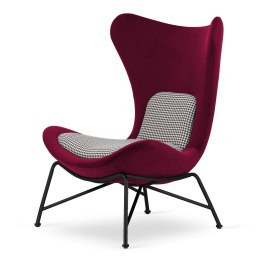 Fotel Varde velvet bordowy SWAN-14 pepitka - elegancki fotel uszak premium, czarna podstawa