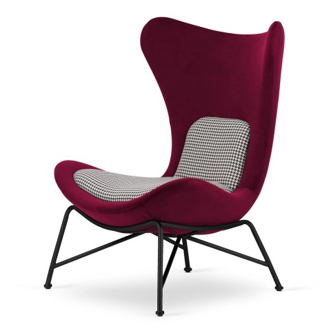 Fotel Varde velvet bordowy SWAN-14 pepitka - elegancki fotel uszak premium, czarna podstawa