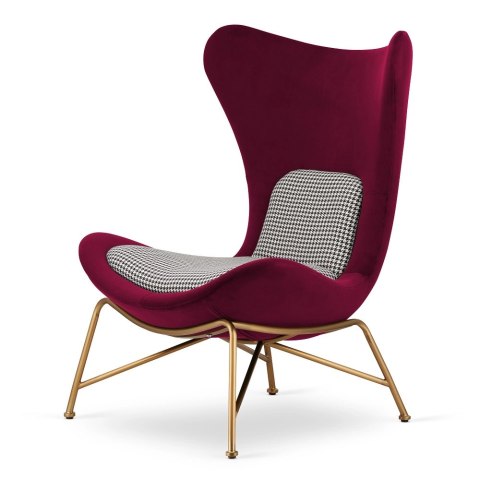 Designerski fotel Varde bordowy velvet SWAN-14 / pepitka, złota podstawa, fotel dekoracyjny premium