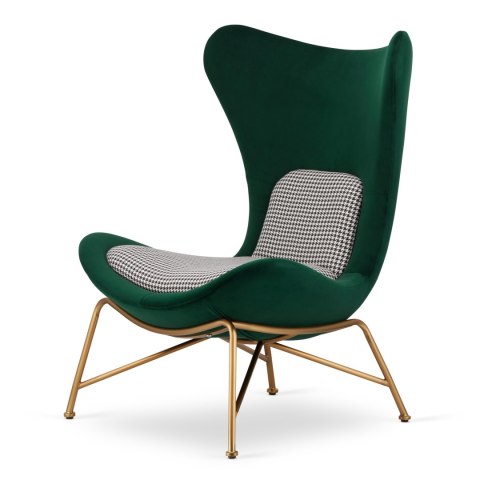 Nowoczesny fotel Varde velvet butelkowy SWAN-16 z pepitką, złota podstawa, elegancki design loft